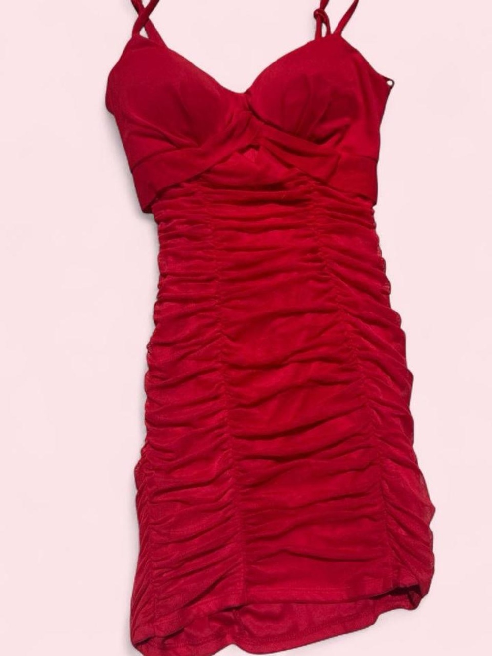 City Triangles Red Ruched Mini Dress with Spaghetti Straps